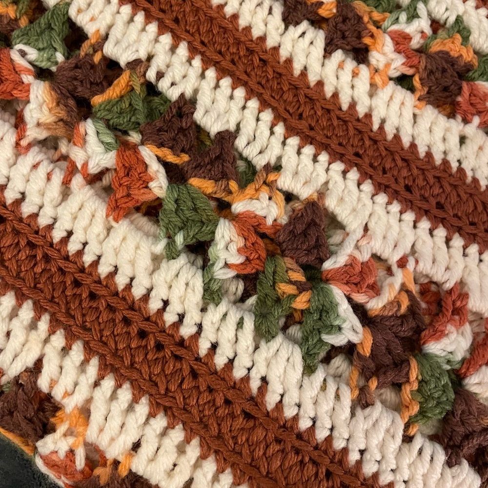 Crocheted Afghan Throw Blanket 64” x 39" Brown Rust Gold Green Fall Handmade